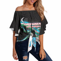 Uzbekistan Independence Day Off Shoulder Wrap Waist Top Freedom Snow Leopard Minaret Architecture Flag