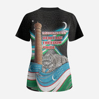 Uzbekistan Independence Day Scrub Top Freedom Snow Leopard Minaret Architecture Flag
