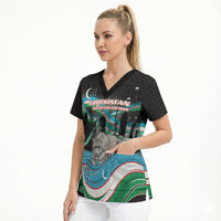 Uzbekistan Independence Day Scrub Top Freedom Snow Leopard Minaret Architecture Flag