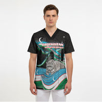 Uzbekistan Independence Day Scrub Top Freedom Snow Leopard Minaret Architecture Flag