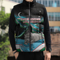 Uzbekistan Independence Day Sleeveless Puffer Jacket Freedom Snow Leopard Minaret Architecture Flag
