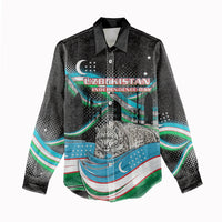Uzbekistan Independence Day Women Casual Shirt Freedom Snow Leopard Minaret Architecture Flag