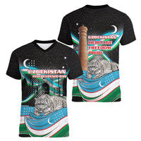 Uzbekistan Independence Day Women V-Neck T-Shirt Freedom Snow Leopard Minaret Architecture Flag