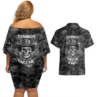 Cowboy Skull Couples Matching Off Shoulder Short Dress and Hawaiian Shirt Cowboy Take Me Away - Wonder Print Shop