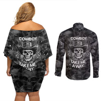 Cowboy Skull Couples Matching Off Shoulder Short Dress and Long Sleeve Button Shirts Cowboy Take Me Away - Wonder Print Shop