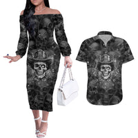Cowboy Skull Couples Matching Off The Shoulder Long Sleeve Dress and Hawaiian Shirt Cowboy Take Me Away - Wonder Print Shop