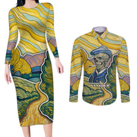 Vincent Van Gogh Skull Couples Matching Long Sleeve Bodycon Dress and Long Sleeve Button Shirts - Wonder Print Shop