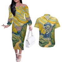 Vincent Van Gogh Skull Couples Matching Off The Shoulder Long Sleeve Dress and Hawaiian Shirt - Wonder Print Shop
