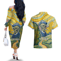 Vincent Van Gogh Skull Couples Matching Off The Shoulder Long Sleeve Dress and Hawaiian Shirt - Wonder Print Shop