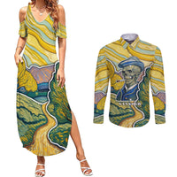 Vincent Van Gogh Skull Couples Matching Summer Maxi Dress and Long Sleeve Button Shirts - Wonder Print Shop