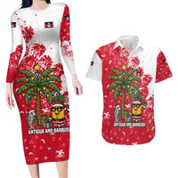 Antigua and Barbuda Christmas Couples Matching Long Sleeve Bodycon Dress and Hawaiian Shirt with Santa Pineapple Palm Tree Parrot and Gift Design - Wonder Print Shop