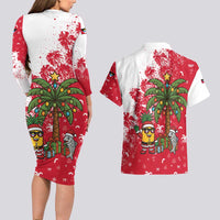 Antigua and Barbuda Christmas Couples Matching Long Sleeve Bodycon Dress and Hawaiian Shirt with Santa Pineapple Palm Tree Parrot and Gift Design - Wonder Print Shop