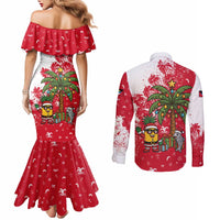 Antigua and Barbuda Christmas Couples Matching Mermaid Dress and Long Sleeve Button Shirt with Santa Pineapple Palm Tree Parrot and Gift Design - Wonder Print Shop