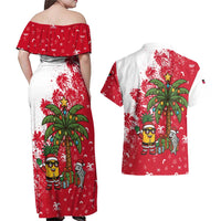 Antigua and Barbuda Christmas Couples Matching Off Shoulder Maxi Dress and Hawaiian Shirt with Santa Pineapple Palm Tree Parrot and Gift Design - Wonder Print Shop