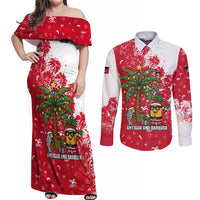 Antigua and Barbuda Christmas Couples Matching Off Shoulder Maxi Dress and Long Sleeve Button Shirt with Santa Pineapple Palm Tree Parrot and Gift Design - Wonder Print Shop