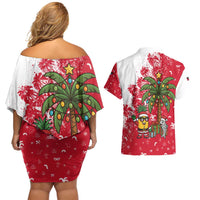 Antigua and Barbuda Christmas Couples Matching Off Shoulder Short Dress and Hawaiian Shirt with Santa Pineapple Palm Tree Parrot and Gift Design - Wonder Print Shop