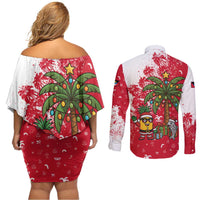 Antigua and Barbuda Christmas Couples Matching Off Shoulder Short Dress and Long Sleeve Button Shirt with Santa Pineapple Palm Tree Parrot and Gift Design - Wonder Print Shop