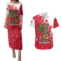 Antigua and Barbuda Christmas Couples Matching Puletasi and Hawaiian Shirt with Santa Pineapple Palm Tree Parrot and Gift Design - Wonder Print Shop