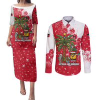 Antigua and Barbuda Christmas Couples Matching Puletasi and Long Sleeve Button Shirt with Santa Pineapple Palm Tree Parrot and Gift Design - Wonder Print Shop