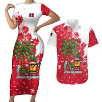 Antigua and Barbuda Christmas Couples Matching Short Sleeve Bodycon Dress and Hawaiian Shirt with Santa Pineapple Palm Tree Parrot and Gift Design - Wonder Print Shop