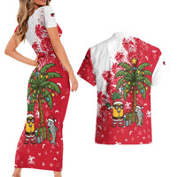 Antigua and Barbuda Christmas Couples Matching Short Sleeve Bodycon Dress and Hawaiian Shirt with Santa Pineapple Palm Tree Parrot and Gift Design - Wonder Print Shop
