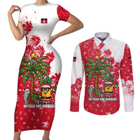 Antigua and Barbuda Christmas Couples Matching Short Sleeve Bodycon Dress and Long Sleeve Button Shirt with Santa Pineapple Palm Tree Parrot and Gift Design - Wonder Print Shop