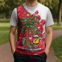 Antigua and Barbuda Christmas Knitted V-Neck Vest with Santa Pineapple Palm Tree Parrot and Gift Design - Wonder Print Shop