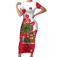 Antigua and Barbuda Christmas Short Sleeve Bodycon Dress with Santa Pineapple Palm Tree Parrot and Gift Design - Wonder Print Shop