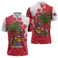 Antigua and Barbuda Christmas Zipper Polo Shirt with Santa Pineapple Palm Tree Parrot and Gift Design - Wonder Print Shop
