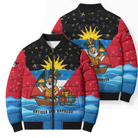 Antigua and Barbuda Christmas Bomber Puffer Jacket with Santa Sailboat Island Flag and Tropical Gift Design - Wonder Print Shop