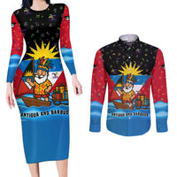 Antigua and Barbuda Christmas Couples Matching Long Sleeve Bodycon Dress and Long Sleeve Button Shirt with Santa Sailboat Island Flag and Tropical Gift Design - Wonder Print Shop