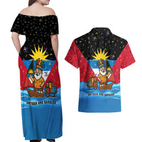 Antigua and Barbuda Christmas Couples Matching Off Shoulder Maxi Dress and Hawaiian Shirt with Santa Sailboat Island Flag and Tropical Gift Design - Wonder Print Shop