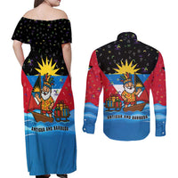 Antigua and Barbuda Christmas Couples Matching Off Shoulder Maxi Dress and Long Sleeve Button Shirt with Santa Sailboat Island Flag and Tropical Gift Design - Wonder Print Shop
