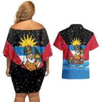 Antigua and Barbuda Christmas Couples Matching Off Shoulder Short Dress and Hawaiian Shirt with Santa Sailboat Island Flag and Tropical Gift Design - Wonder Print Shop