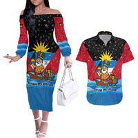 Antigua and Barbuda Christmas Couples Matching Off The Shoulder Long Sleeve Dress and Hawaiian Shirt with Santa Sailboat Island Flag and Tropical Gift Design - Wonder Print Shop