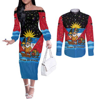 Antigua and Barbuda Christmas Couples Matching Off The Shoulder Long Sleeve Dress and Long Sleeve Button Shirt with Santa Sailboat Island Flag and Tropical Gift Design - Wonder Print Shop