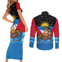 Antigua and Barbuda Christmas Couples Matching Short Sleeve Bodycon Dress and Long Sleeve Button Shirt with Santa Sailboat Island Flag and Tropical Gift Design - Wonder Print Shop