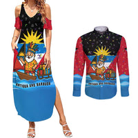 Antigua and Barbuda Christmas Couples Matching Summer Maxi Dress and Long Sleeve Button Shirt with Santa Sailboat Island Flag and Tropical Gift Design - Wonder Print Shop