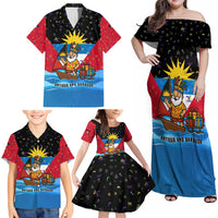 Antigua and Barbuda Christmas Family Matching Off Shoulder Maxi Dress and Hawaiian Shirt with Santa Sailboat Island Flag and Tropical Gift Design - Wonder Print Shop