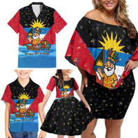 Antigua and Barbuda Christmas Family Matching Off Shoulder Short Dress and Hawaiian Shirt with Santa Sailboat Island Flag and Tropical Gift Design - Wonder Print Shop