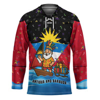 Antigua and Barbuda Christmas Hockey Jersey with Santa Sailboat Island Flag and Tropical Gift Design - Wonder Print Shop