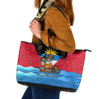 Antigua and Barbuda Christmas Leather Tote Bag with Santa Sailboat Island Flag and Tropical Gift Design - Wonder Print Shop