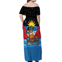 Antigua and Barbuda Christmas Off Shoulder Maxi Dress with Santa Sailboat Island Flag and Tropical Gift Design - Wonder Print Shop