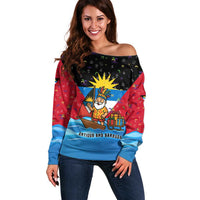Antigua and Barbuda Christmas Off Shoulder Sweater with Santa Sailboat Island Flag and Tropical Gift Design - Wonder Print Shop