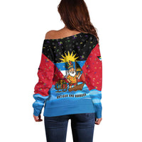 Antigua and Barbuda Christmas Off Shoulder Sweater with Santa Sailboat Island Flag and Tropical Gift Design - Wonder Print Shop