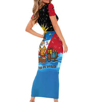Antigua and Barbuda Christmas Short Sleeve Bodycon Dress with Santa Sailboat Island Flag and Tropical Gift Design - Wonder Print Shop