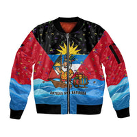 Antigua and Barbuda Christmas Sleeve Zip Bomber Jacket with Santa Sailboat Island Flag and Tropical Gift Design - Wonder Print Shop