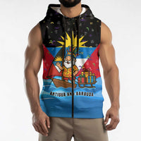 Antigua and Barbuda Christmas Sleeveless Zip Hoodie with Santa Sailboat Island Flag and Tropical Gift Design - Wonder Print Shop