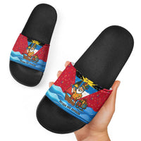 Antigua and Barbuda Christmas Slide Sandals with Santa Sailboat Island Flag and Tropical Gift Design - Wonder Print Shop
