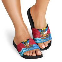 Antigua and Barbuda Christmas Slide Sandals with Santa Sailboat Island Flag and Tropical Gift Design - Wonder Print Shop
